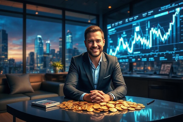 A man in a suit sits at a table covered with gold coins, against a backdrop of financial charts and a city skyline at dusk.