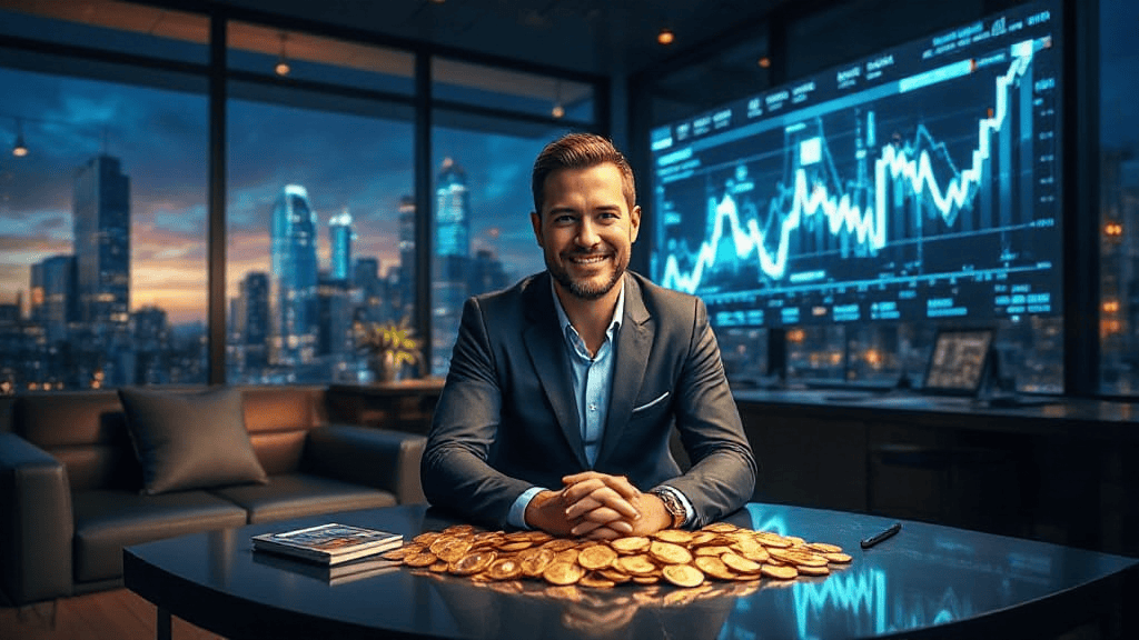 A man in a suit sits at a table covered with gold coins, against a backdrop of financial charts and a city skyline at dusk.