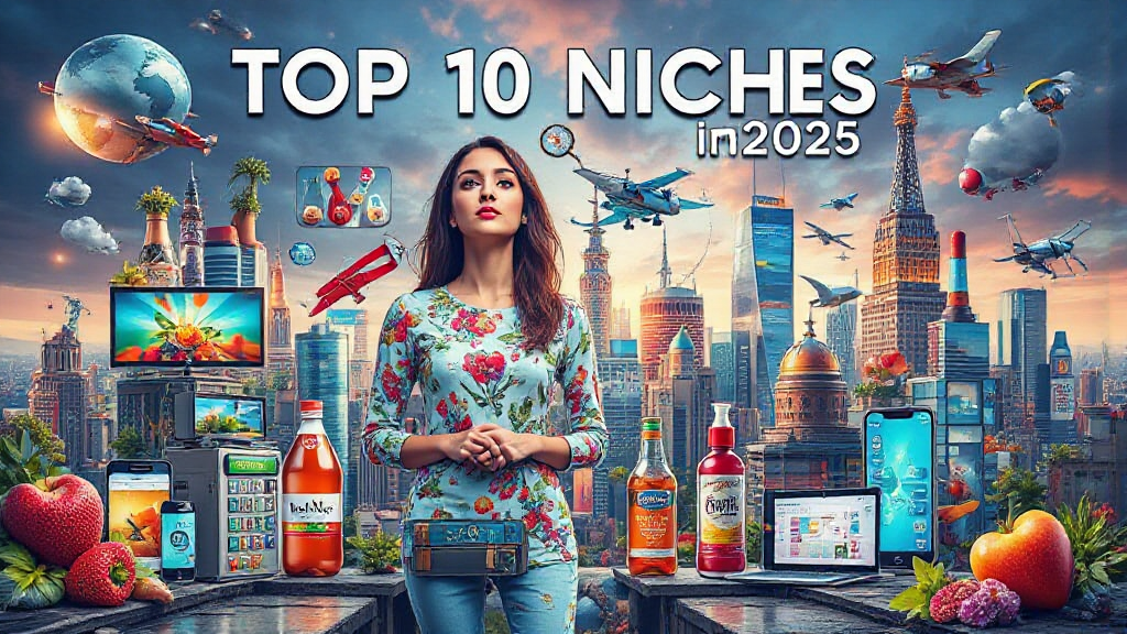 Woman standing in front of futuristic cityscape with various consumer products; text reads "Top 10 Niches in 2025.
