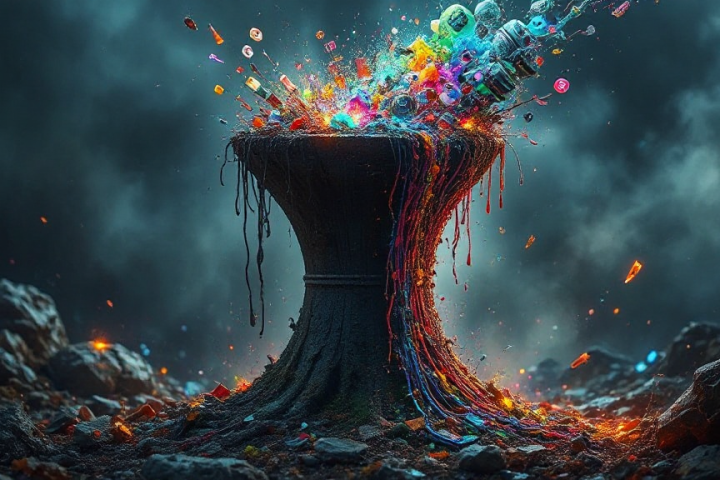 A dark stone vase erupts with colorful digital symbols and glowing fragments against a stormy background.