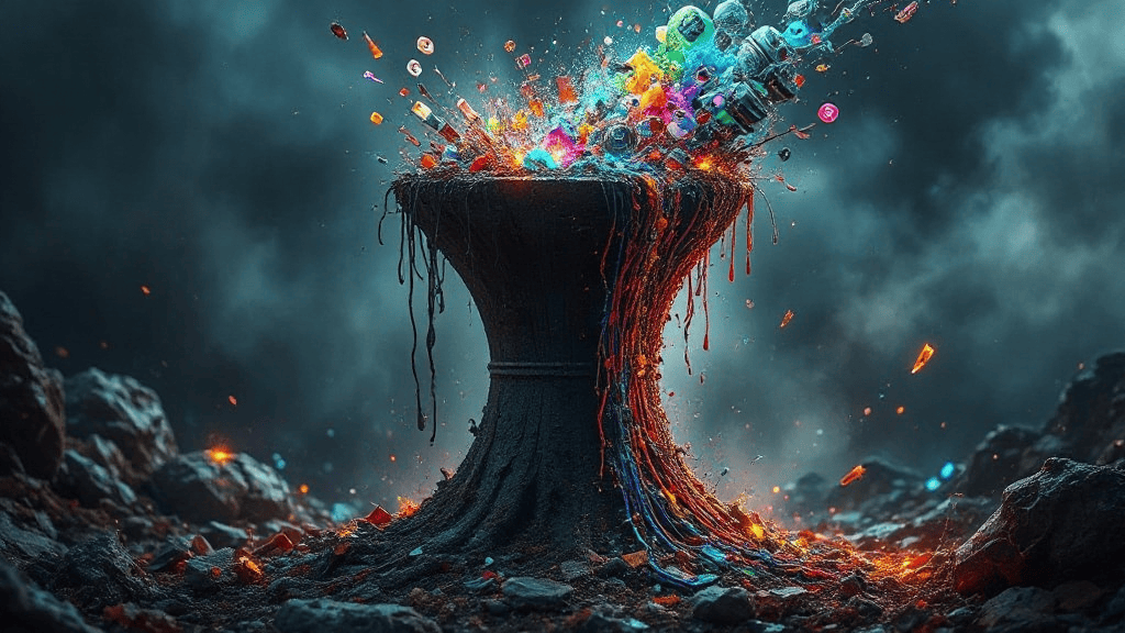 A dark stone vase erupts with colorful digital symbols and glowing fragments against a stormy background.