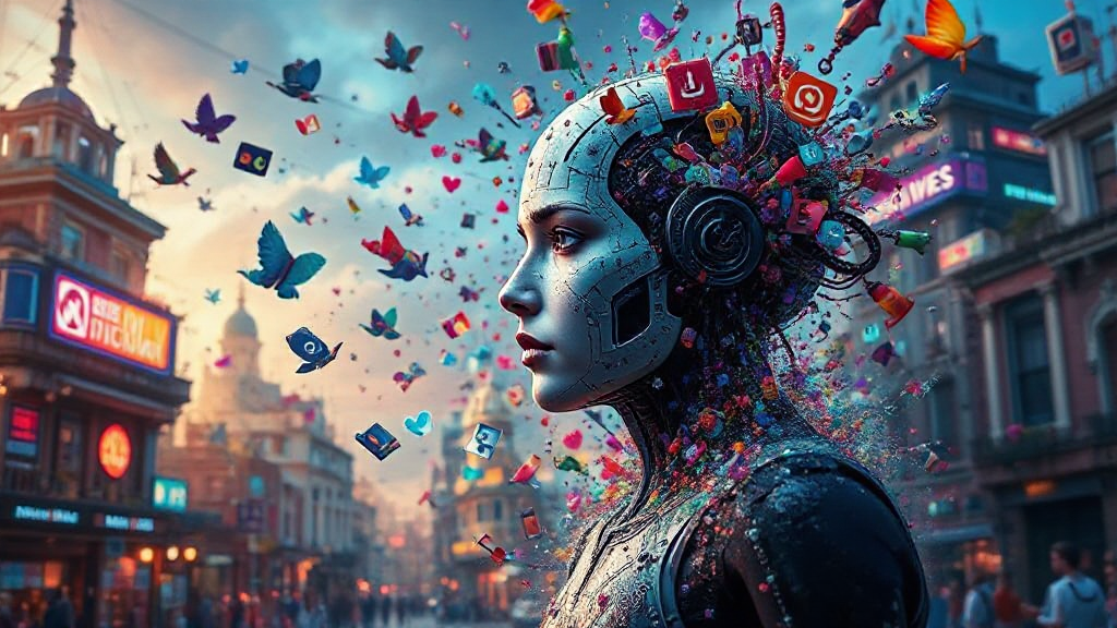 A humanoid robot with colorful butterflies and app icons emerging from its head, stands in an urban setting with neon lights and blurred buildings in the background.