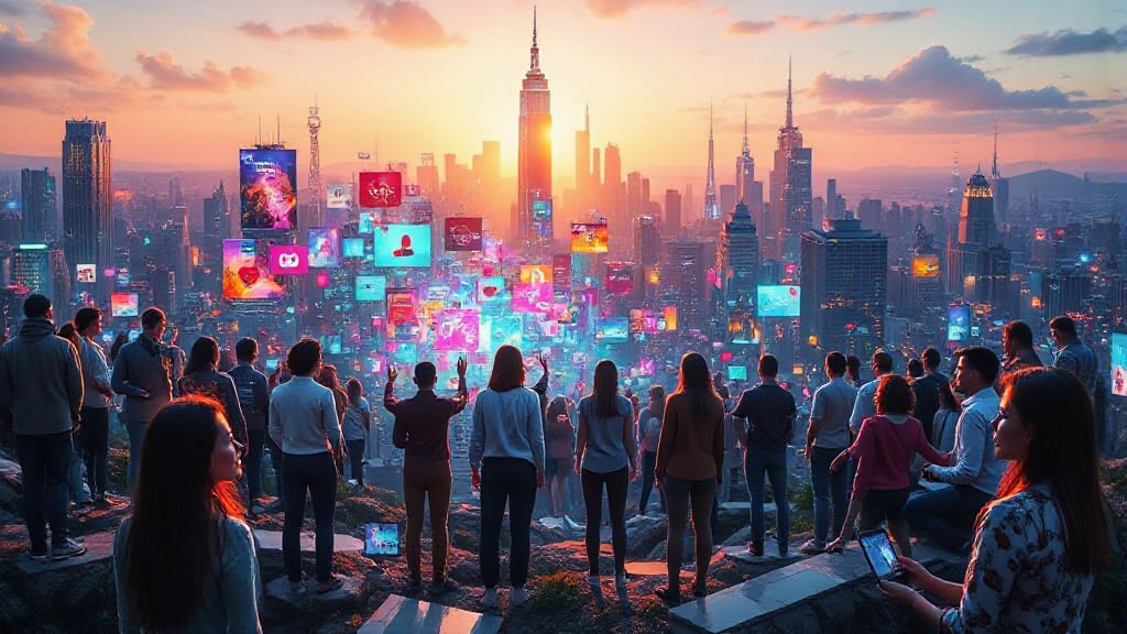 People stand on a hill overlooking a city skyline at sunset, viewing digital screens and holograms floating in the air above the cityscape.