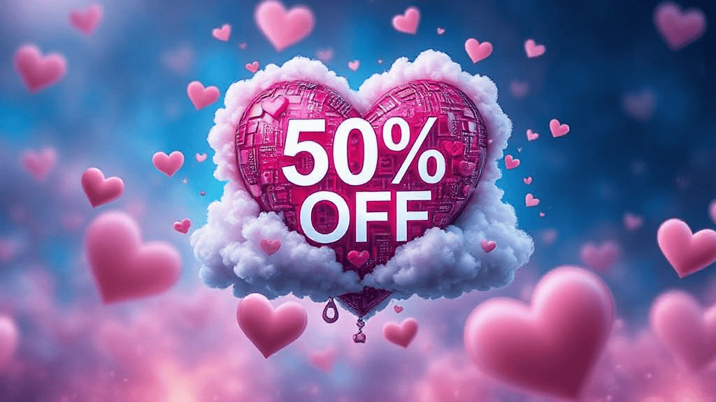 Pink heart-shaped balloon with "50% OFF" hovers on a cloud, surrounded by smaller hearts against a blue and pink background.