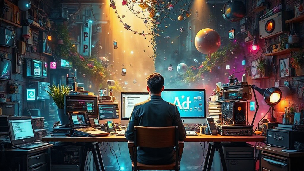 Man sitting at a desk with multiple screens and clutter, surrounded by floating gadgets and plants in a vibrant, surreal room.