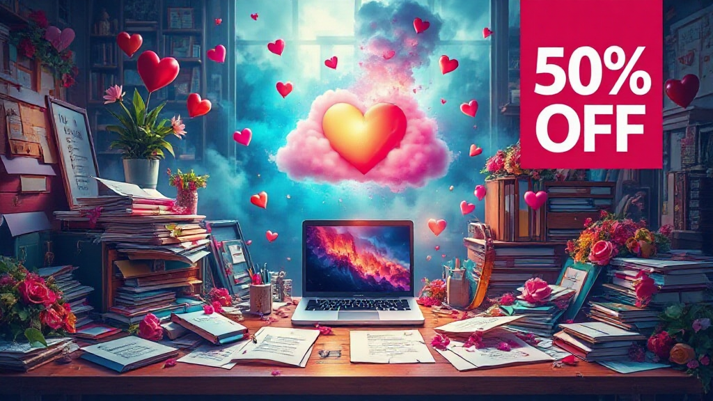 A cluttered desk with a laptop displays a heart-shaped cloud. Hearts float around. A "50% OFF" sign is in the corner.
