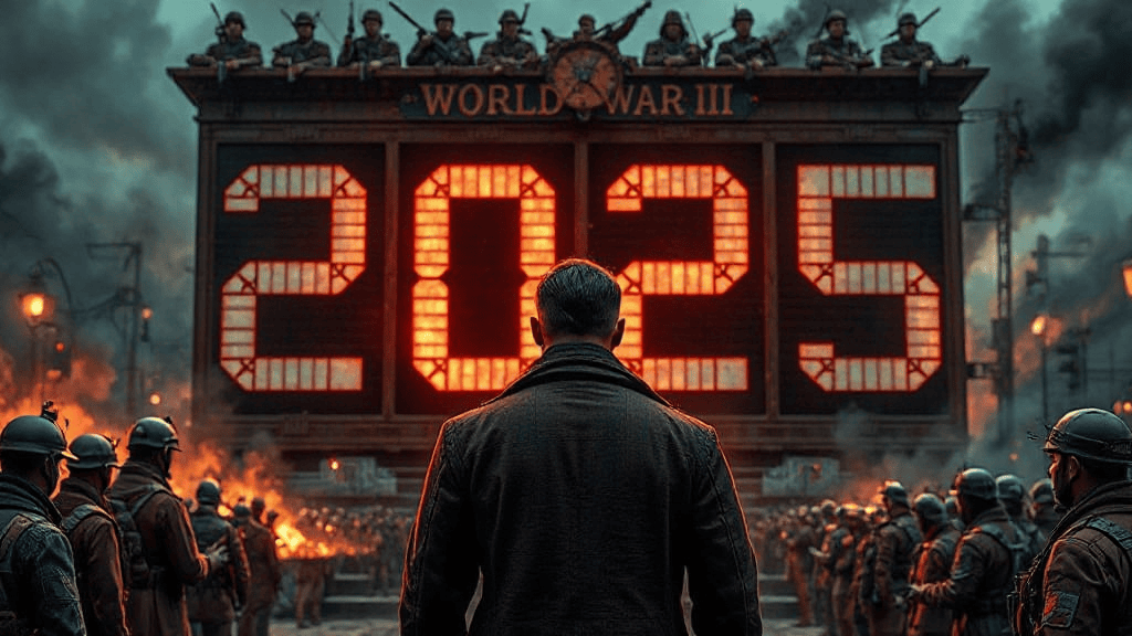 A man stands facing a large digital display reading "2025" with "World War III" above it. Soldiers and smoke surround him, creating a tense atmosphere.