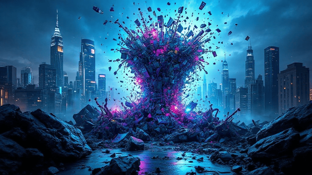 A futuristic cityscape with skyscrapers is in the background. In the center, a vortex of colorful debris hovers, illuminated with blue and pink lights. Rocky ground is in the foreground.