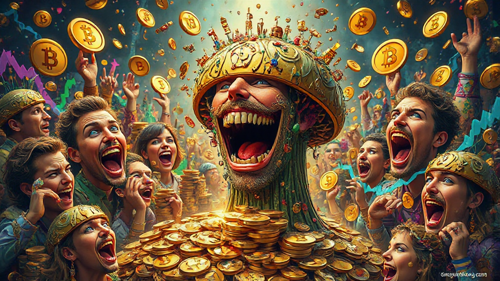 A joyful crowd celebrates a central figure adorned with Bitcoin-themed attire and a crown, surrounded by floating gold coins.