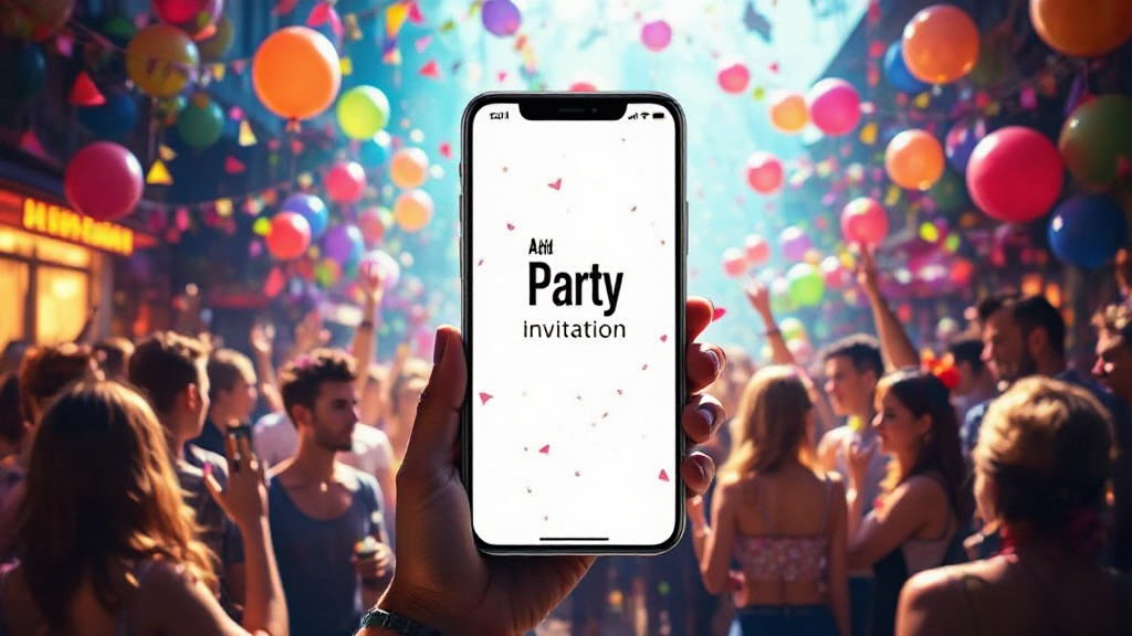 A hand holds a smartphone displaying a "Party Invitation" screen. In the background, a crowd celebrates among colorful balloons and festive lights.
