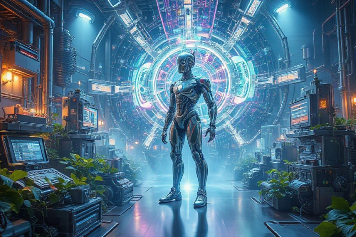 Futuristic humanoid robot stands in a high-tech room with screens and plants, illuminated by a glowing circular portal in the background.