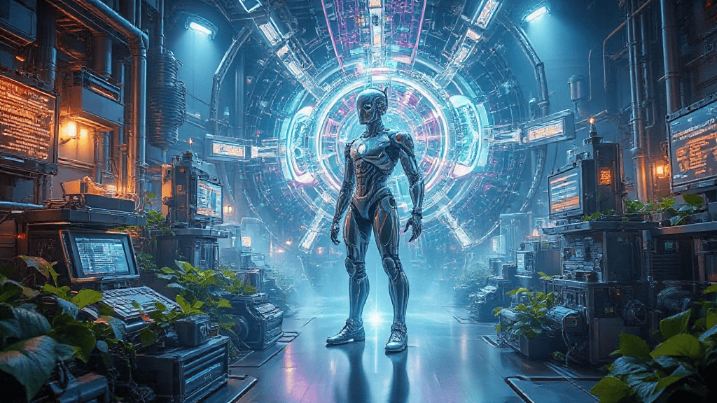 Futuristic humanoid robot stands in a high-tech room with screens and plants, illuminated by a glowing circular portal in the background.