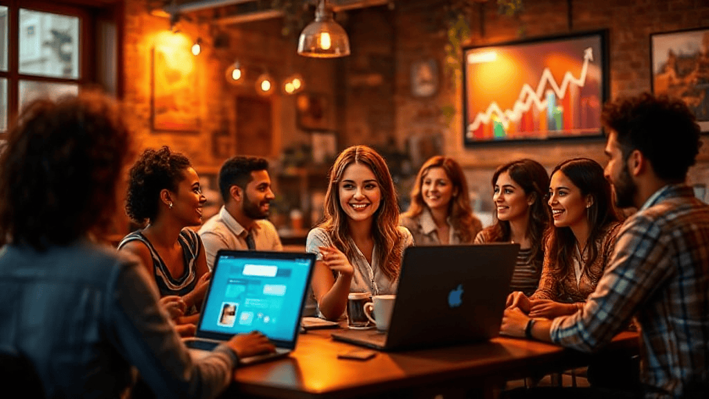 A group of people sit around a table in a cozy office setting, working on laptops. A screen shows a rising graph.