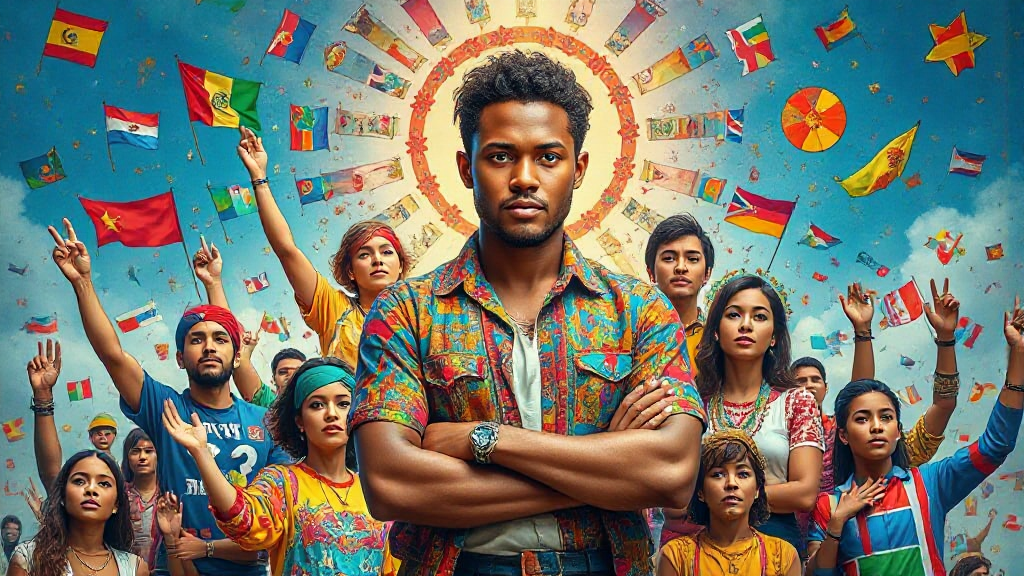 A group of people stand together with a confident man in front. Diverse flags and colorful patterns fill the background, giving a sense of unity and multicultural celebration.