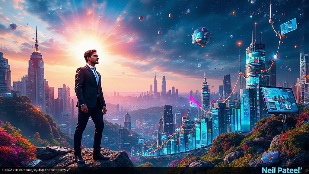 A man in a suit stands on a rock, overlooking a futuristic cityscape with hovering digital elements and a radiant sky.