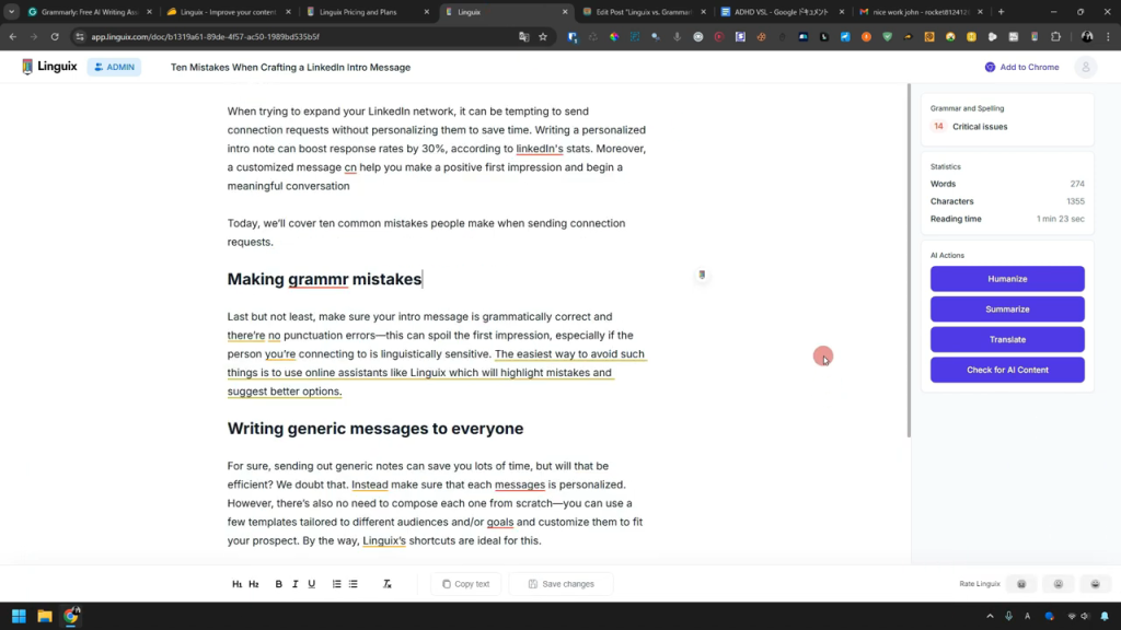 Screenshot of an article titled "Mistakes When Crafting a LinkedIn Intro Message." Highlights sections on grammar mistakes and generic messages, with an ad for Linguix grammar checker.