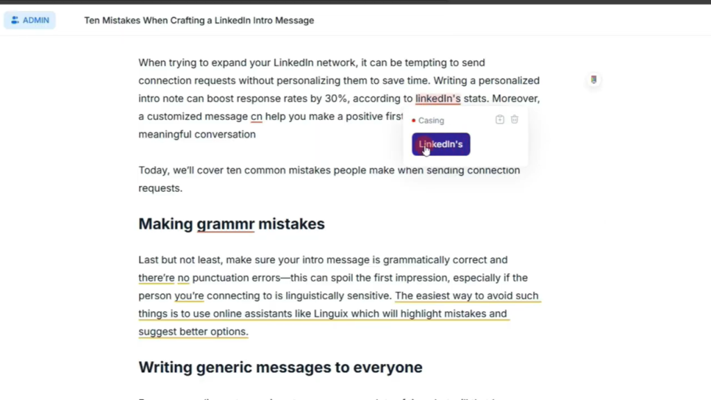 Screenshot of a text edit with a Cladwell grammar check active. Text discusses avoiding grammar mistakes when crafting LinkedIn introductions.