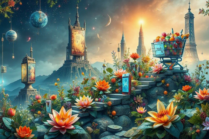 Fantasy scene with floating flowers, fruits, and planets. A shopping cart is on stone steps, surrounded by blooming lotus flowers and mystical towers under a starry sky.