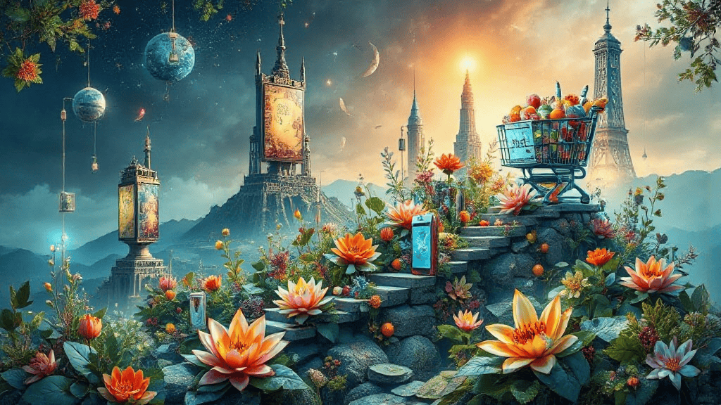 Fantasy scene with floating flowers, fruits, and planets. A shopping cart is on stone steps, surrounded by blooming lotus flowers and mystical towers under a starry sky.