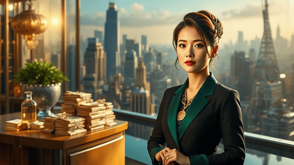 A woman in a green suit stands confidently in a luxurious room with a city skyline view. There are stacks of books and a decorative plant on a table beside her.