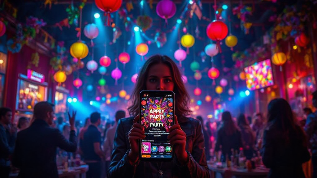 Person holding a smartphone with a party-themed app on screen. Background features colorful hanging lanterns and a crowd in a dimly lit festive venue.