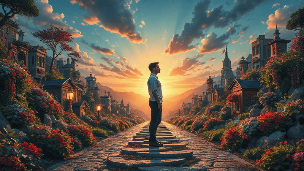 A man in a white shirt stands on a stone path lined with vibrant flowers and ornate buildings, under a dramatic sunset sky with clouds.