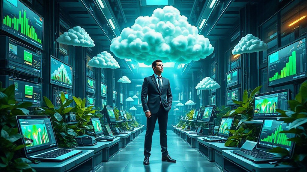 A man in a suit stands in a modern server room, surrounded by computers and green plants. Digital cloud icons are above the computers, displaying data charts on the screens.