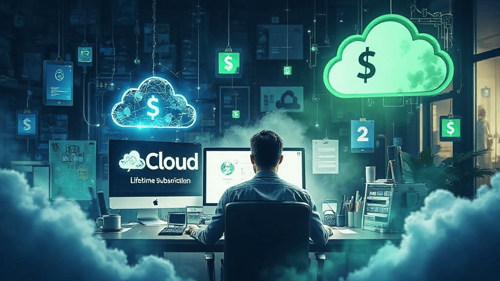 Man at desk surrounded by floating cloud icons with dollar signs, emphasizing cloud computing and subscription services. Screens display cloud services and subscription details.