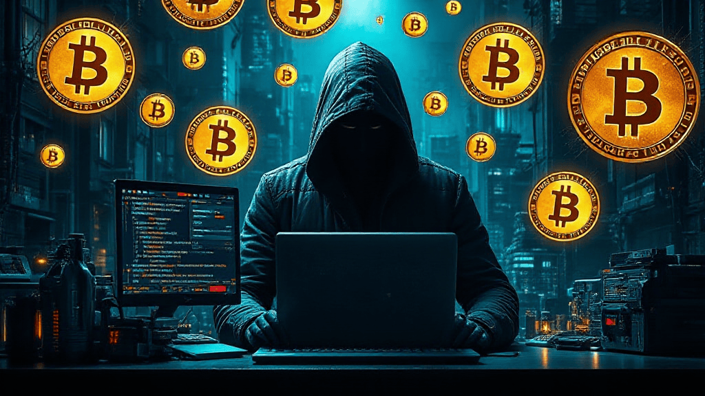 A person in a hooded jacket sits at a computer in a dimly lit room, surrounded by floating Bitcoin symbols.