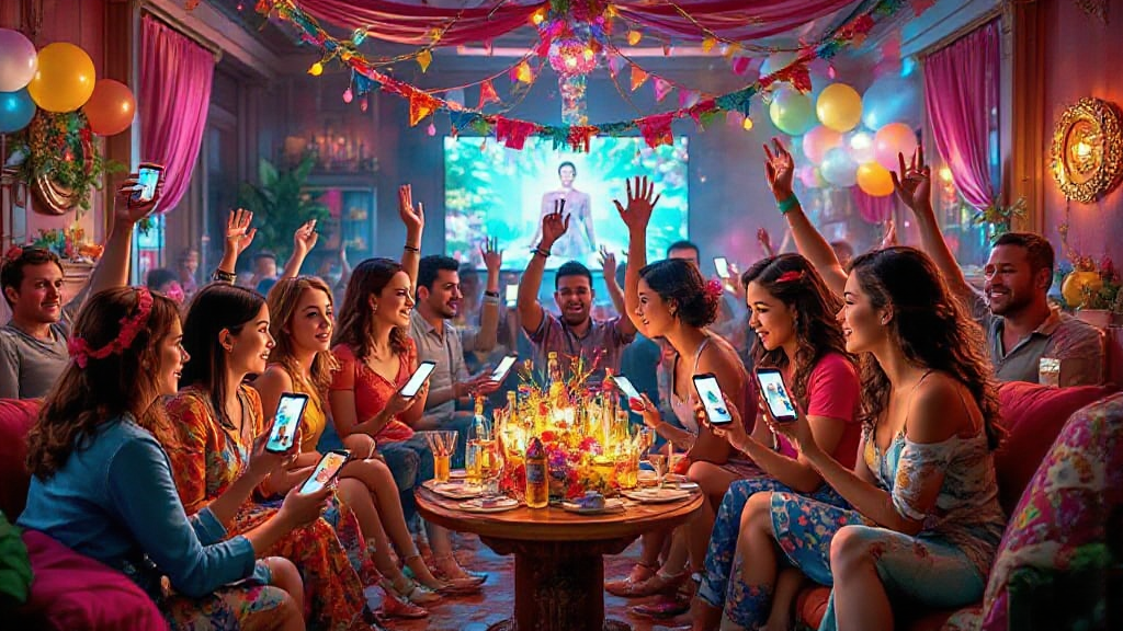 A lively group of people at a party, seated around a table with candles and drinks. They hold smartphones, raising hands in joy. The room is decorated with balloons and colorful drapes.