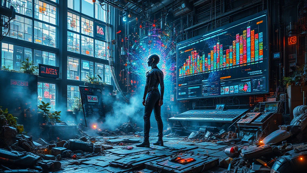 A person stands in a futuristic room surrounded by technology and screens displaying colorful data graphs, with blue digital particles swirling around them.
