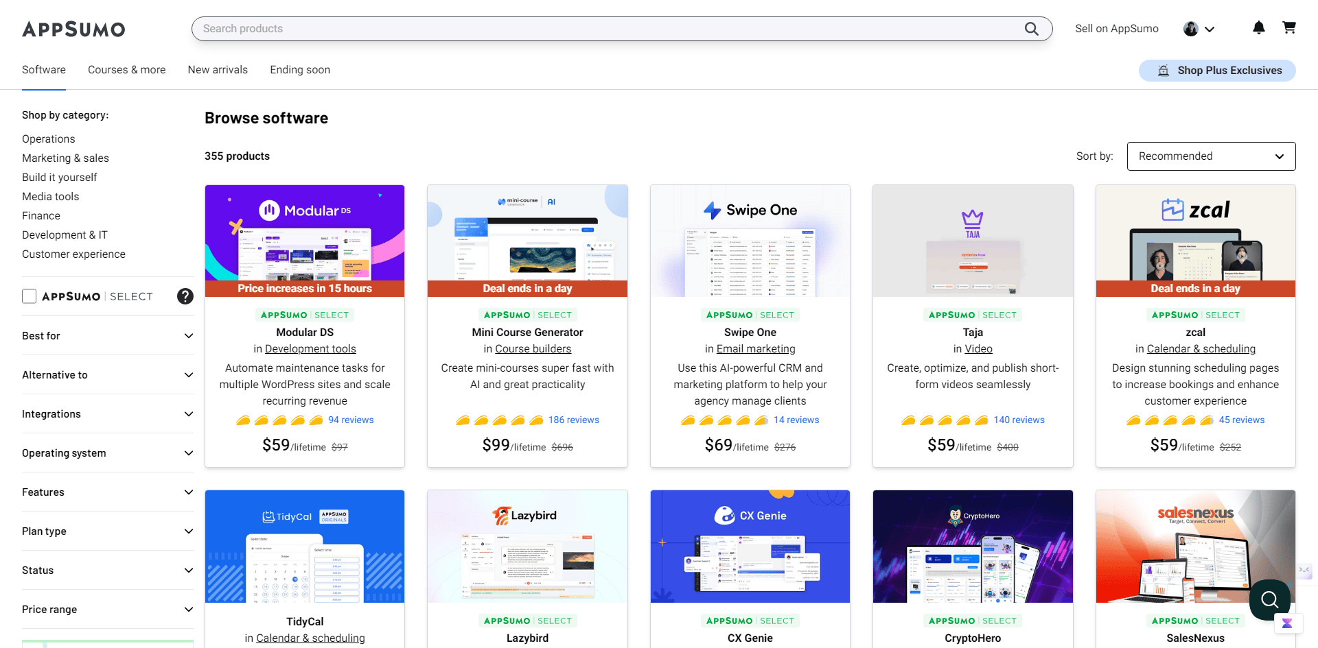 Screenshot of the AppSumo website displaying various software deals, including Modula, Mini Course Generator, and Swipe One, with prices and customer ratings shown.