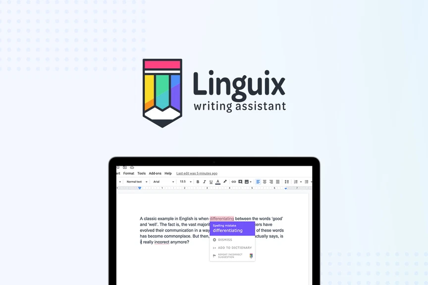 An open document in editing mode on a laptop screen displays text with suggested corrections. The background shows the Linguix writing assistant logo.