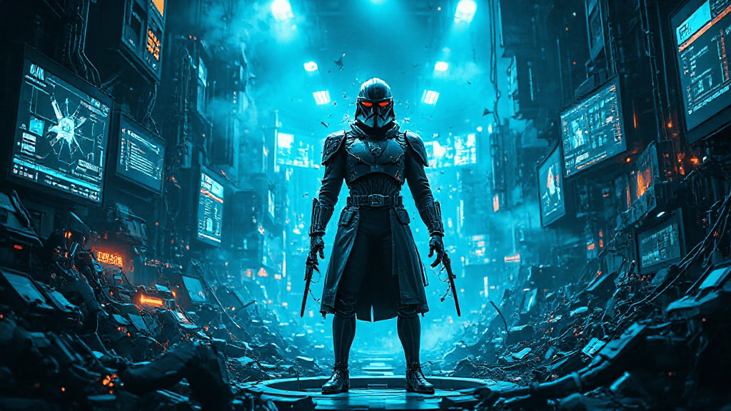 Futuristic armored figure stands in a dimly lit corridor filled with glowing digital screens and electronic debris.