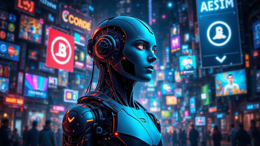 Futuristic robot in a vibrant, neon-lit city with numerous digital billboards in the background.