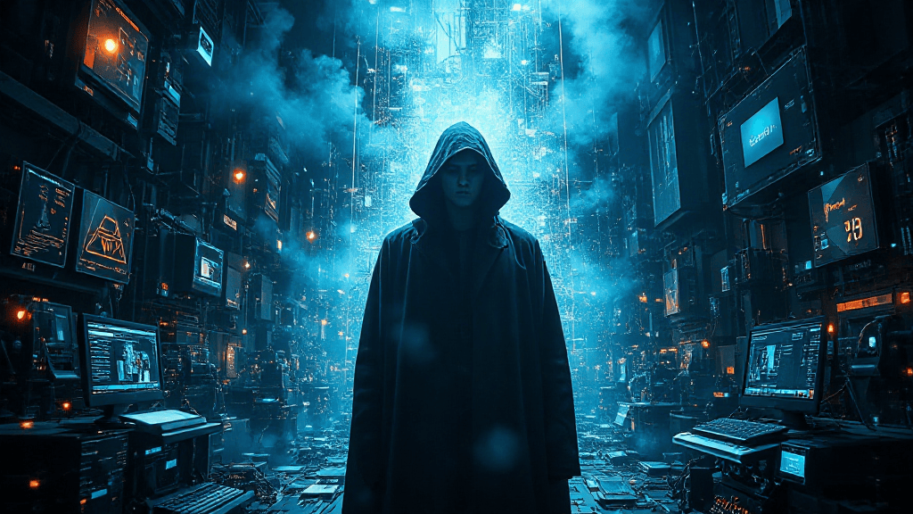 A hooded figure stands in a dimly lit room surrounded by numerous computer screens, with a blue glow and smoke creating a mysterious ambiance.