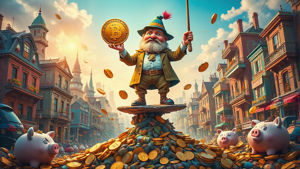 A gnome stands on a pile of coins, holding a Bitcoin sign, with piggy banks nearby, in a colorful street with buildings in the background.