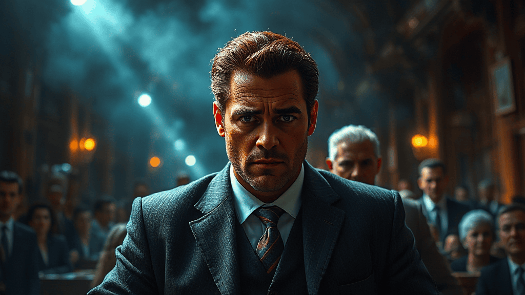 A solemn man in a suit sits in a dimly lit room, surrounded by people. Tension is evident in his expression as smoke drifts through the air.