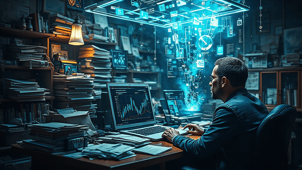 Man at cluttered desk analyzing data on multiple screens with digital graphics and charts projected above.