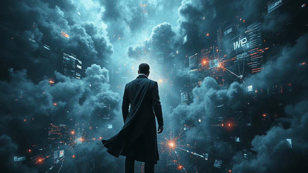 A person in a long coat stands in a digital matrix-like environment with dark clouds and glowing data points.