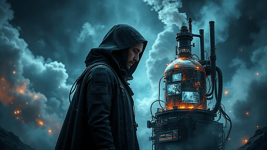 Person in a hooded jacket stands next to a complex machine emitting smoke and glowing lights, set against a smoky, dramatic backdrop.
