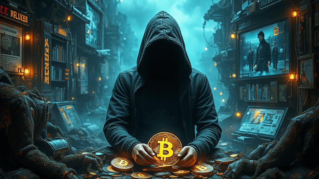 A hooded figure sits at a table filled with Bitcoin tokens in a dark, cluttered room. Computer screens and wires surround the scene, giving it a digital, mysterious atmosphere.