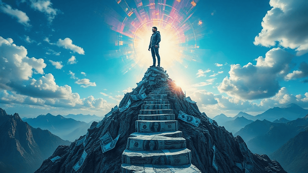 A person stands atop a mountain with stairs made of money, under a radiant sky and sunburst effect.