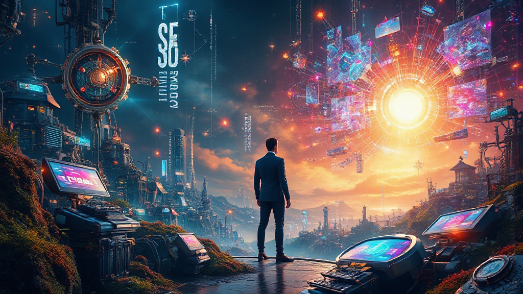 A person stands on a futuristic platform, facing a glowing, intricate digital sun surrounded by city structures and holographic screens.
