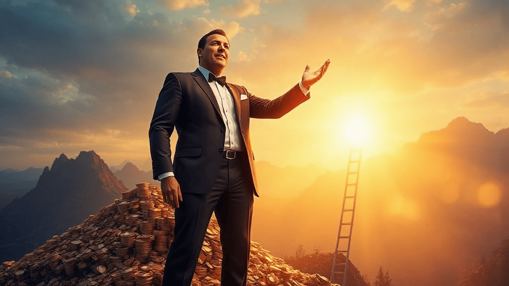 A man in a suit stands on a pile of coins with a sunset backdrop and a ladder reaching into the sky.