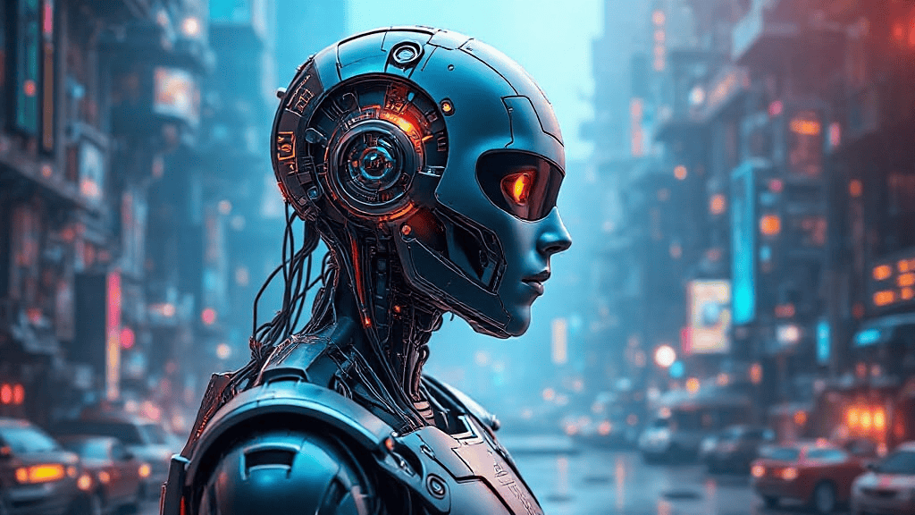A futuristic robot with glowing eyes stands in a bustling city street with neon lights and blurred traffic in the background.