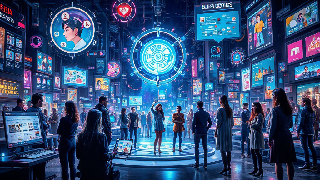 People stand in a neon-lit room surrounded by digital screens displaying various images and data.