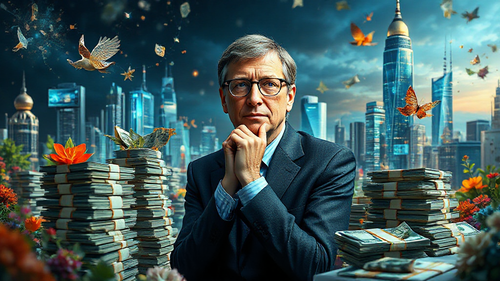 Man in a suit sits pensively surrounded by stacks of cash, with city skyscrapers, butterflies, and birds in the background.