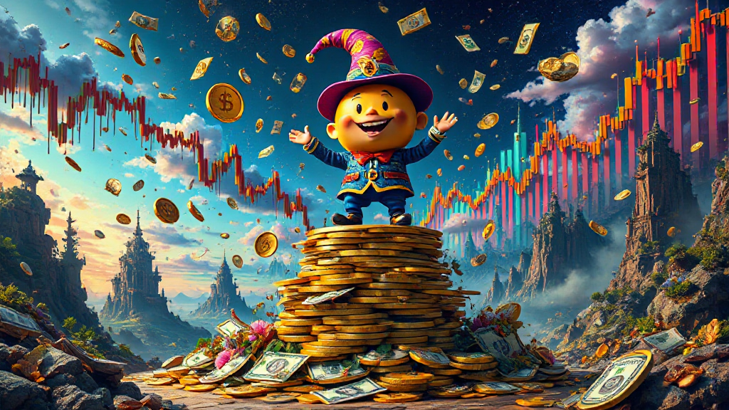 A cheerful character in a wizard hat stands atop a pile of gold coins and cash, with digital currency symbols and a stock market graph in the background, set in a fantasy landscape.