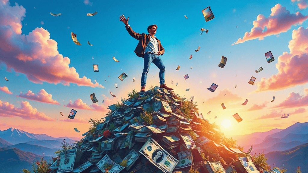A person stands atop a mound of cash, with banknotes flying around, set against a mountainous backdrop and vibrant sunset sky.